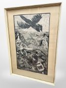 20th Century school : A mountain landscape with boats, woodcut, 50cm x 83cm.