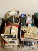A pallet of sundries, Christmas decorations, light bulbs, binoculars, hardware etc