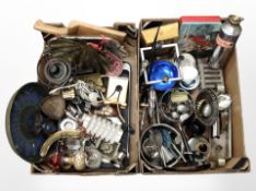 Two boxes containing metal wares, kitchenalia, tins, cloisonne vase,