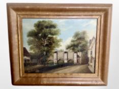 Continental school : a figure walking by a canal, oil on board,