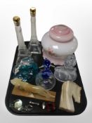 A group of glass and onyx wares including dolphin and owl paperweights,