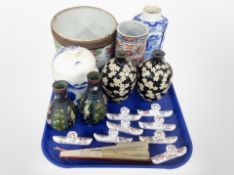 A group of Oriental wares, two pairs of Cloisonne vases (af), porcelain place holders,