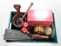 A box containing 19th-century Scandinavian painted pine mangle board, a small three-drawer chest,