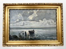 Danish school : Sunset at a coast with moored boat, oil on canvas, 48cm x 31cm.