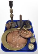 A group of metal wares, copper and brass plaques, Rococo style lamp base,