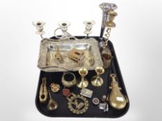 A group of metal wares, swing handled silver plated basket, table candleabrum, spill vase,