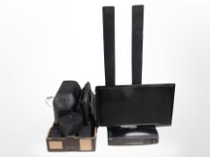 A box of assorted electricals including Sony SA-W10 sub woofer, Technics turn table,