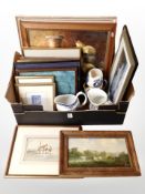 A box of assorted paintings and prints,