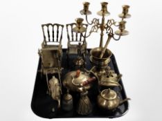 A group of brass wares including pair of miniature rocking chairs, table candelabrum, teapots,