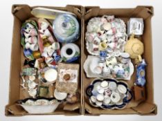 Two boxes of assorted 20th-century ceramics including egg cups, teapots, cow creamer, vases.