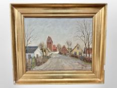 Danish school : Roadway to a town, oil on canvas, 33cm x 27cm.
