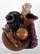 A group of treen, two Eastern knives in sheathes, antique folding rule,