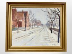 O Poulsen : A tree-lined avenue in snow, oil on board, 53cm x 42cm.