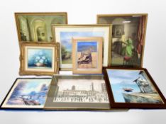 A box of pictures and prints, contemporary still life oil on canvas,