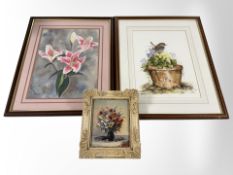 Ian Bowles : A bird on a plant pot, watercolour,