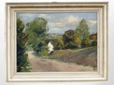 Danish school : Cottage in farmland, oil on canvas, 38cm x 28cm.