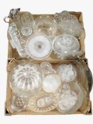 Two boxes of 20th century glass wares, turquoise glass vase, pressed glass bowls,