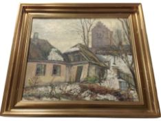 Danish School : Town buildings in winter with tower beyond, oil on canvas, 32 cm x 38 cm,