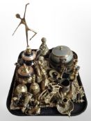 A group of brass wares including ornaments, hand bells, figures, etc.