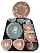 Ten pieces of Wedgwood Jasperware in mint green and peach colour ways including dishes,