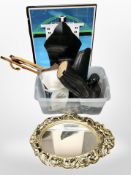 A Sunderland ship yard print, gilt mirror and a box of leather riding boots, classical style bust,