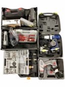 Two crates containing assorted power tools, screwdriver sets, etc.