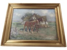 Danish School : A farmer and two work horses, oil on canvas,