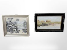 Continental school : Boats on a river, oil on canvas, 25cm x 20cm,