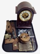 An Edwardian mahogany and satinwood-inlaid mantel clock, together with two crucifixes,