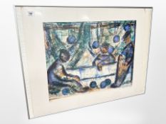 Danish school colour print depicting workmen, limited edition, indistinctly signed, 56cm x 45cm.