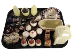 A group of ceramic cruets including cottage ware, Stanley china, Imari cup and saucer trio,