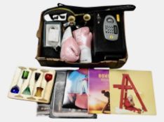 Two boxes containing digital safe, glassware, boxing gloves, a small quantity of LPs,