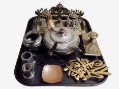 A 19th-century brass desk standish with crystal inkwells,