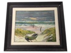 Erling Dyremose : A rowing boat moored in sand dunes, oil on board, 23cm x 29cm.