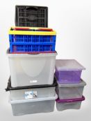 A group of plastic storage boxes.