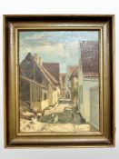 Danish school : Chickens in a street, oil on board, 23cm x 29cm.