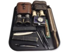 A group of antique cutthroat razors, opera glasses, field glasses, volt meter, etc.