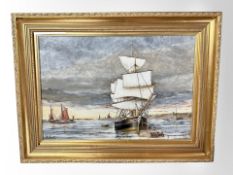 A Scott : A fishing boat moored in shallow waters, oil on canvas, 30cm x 44cm.