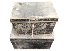 Two 19th-century lacquered tin deed boxes, largest 47cm wide.