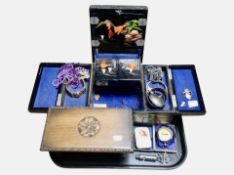 A lacquered lift-out jewellery box and contents including costume bangles, etc.