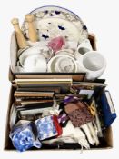 Two boxes of assorted ceramics, wooden shoe trees, picture frames, ties and pocket squares,