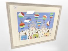 Gordon Barker : Balloons flying over a winter landscape, 39cm x 29cm.