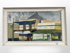 Danish school : A parade of shops, oil on canvas, 47cm x 25cm.