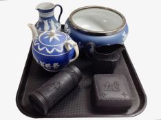 A group of Wedgwood blue and black basalt Jasperware.