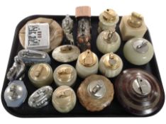 A group of mainly onyx table lighters, ashtray.