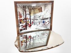 An Art Deco frameless mirror, width 66cm, together with an oak-framed picture mirror.