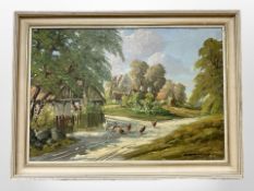 Danish school : Chickens on a track, oil on canvas, 47cm x 32cm.