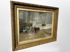 W J Scott : Figures on a beach with fishing boats on rough seas, oil on paper laid to board,