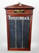 A Burroughes and Watts Ltd. of London mahogany-framed snooker chalkboard, 69cm x 41cm.