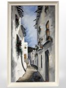 Continental school : Pathway between villas, oil on canvas, 31cm x 54cm.